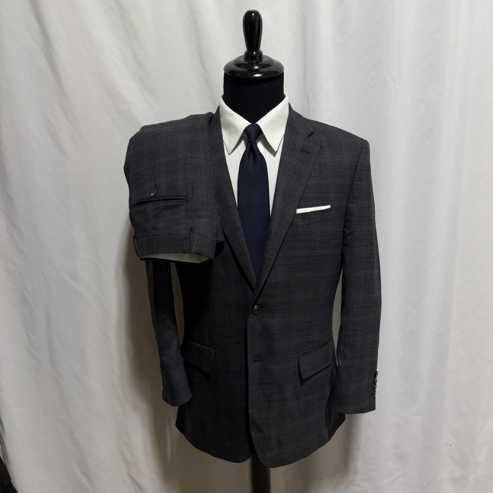 Jos A Bank 1905 2 Pc Suit Men 42S 36x28 Slim Fit Gray Plaid Wool Spandex Stretch - Picture 2 of 16